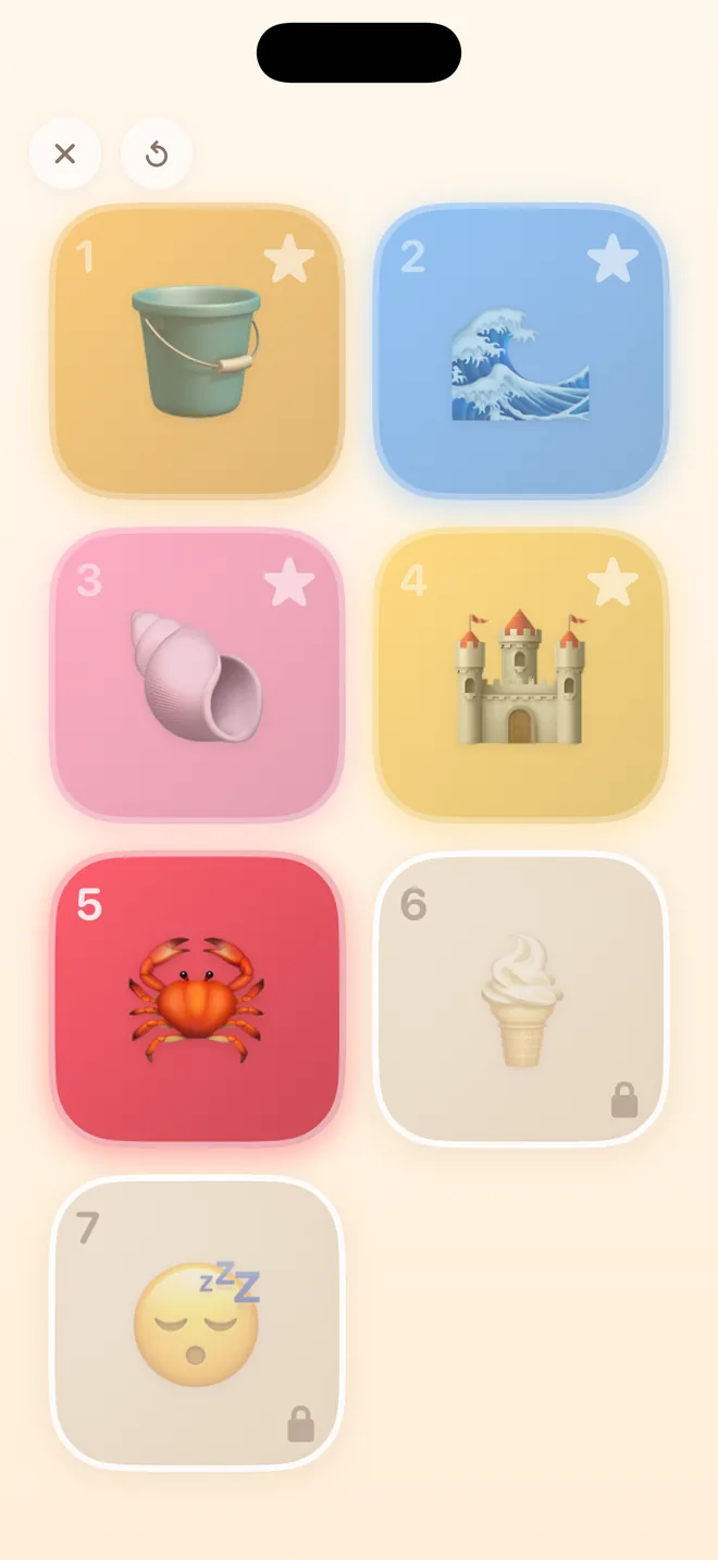 A story open in TapTales: seven picture tiles — a bucket, a wave, a shell, a castle, a crab, an ice cream and a sleeping face. The ones already heard are bright; the next is lit; the rest wait with a small lock.